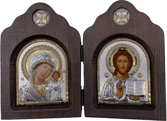 Икона Божьей Матери Казанской и Спаситель, диптих, шелкография, «золотой» декор, «серебро» - фото 6717