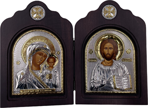 Икона Божьей Матери Казанской и Спаситель, диптих, шелкография, «золотой» декор, «серебро»