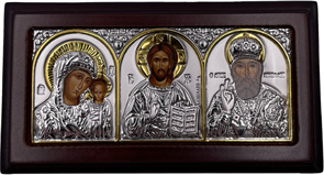Икона триптих: Божья Матерь Казанская, Христос Спаситель, Святой Николай Чудотворец, основа дерево, «золотой» декор