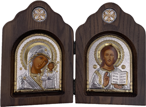 Икона Божья Матерь Казанская и Спаситель, диптих, шелкография, «золотой» декор, «серебро»