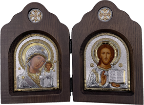 Икона Божьей Матери Казанской и Спаситель, диптих, шелкография, «золотой» декор, «серебро»
